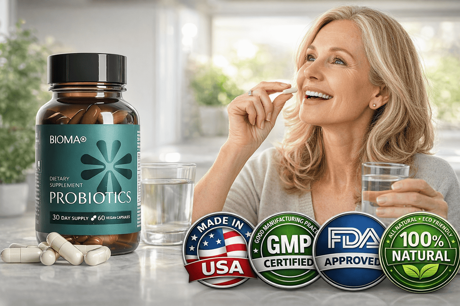 Bioma Probiotics supplement bottle and packaging